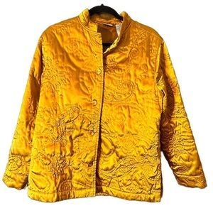 Classic Elements Golden Yellow Satin Floral Embroidered Button-Up Jacket Sz XL